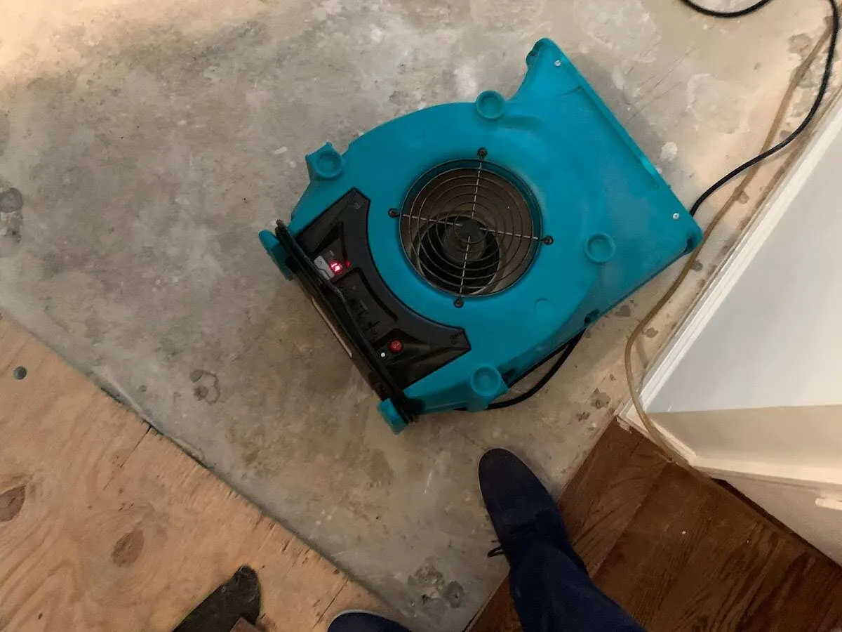 Air mover drying subfloor during Commercial Water Damage Restoration in Waipahu